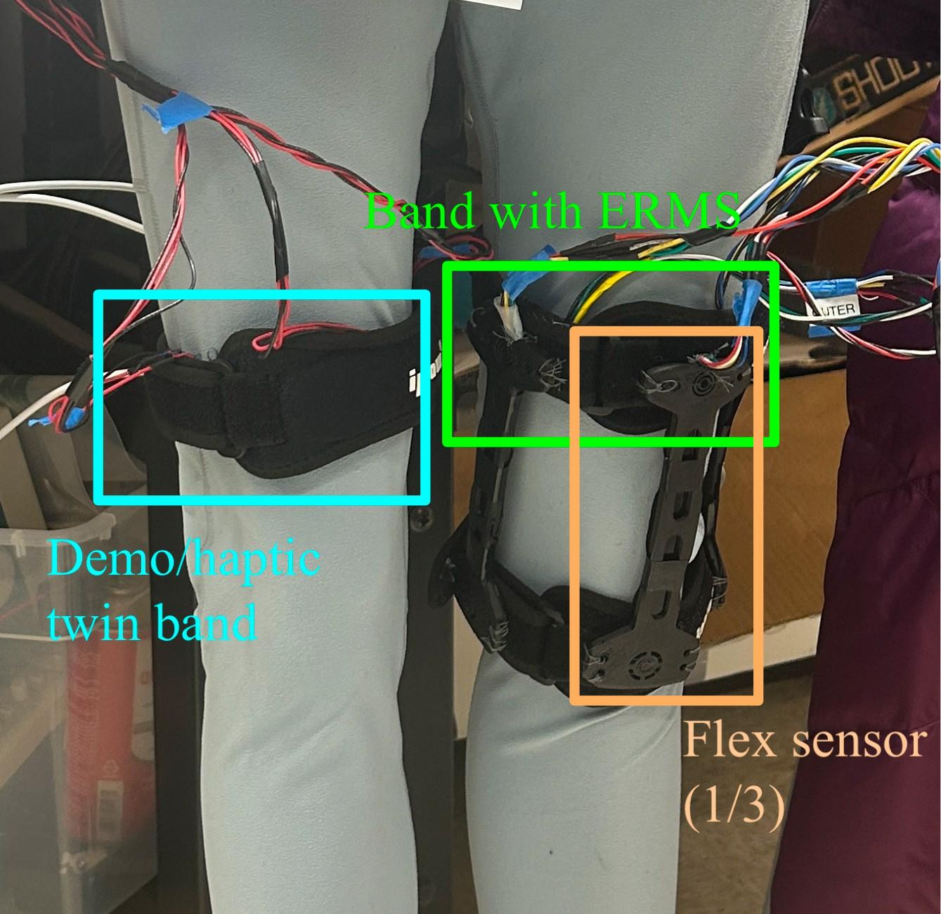 KICD wearable haptic knee brace with flex sensor cage and ERM motor array worn on leg